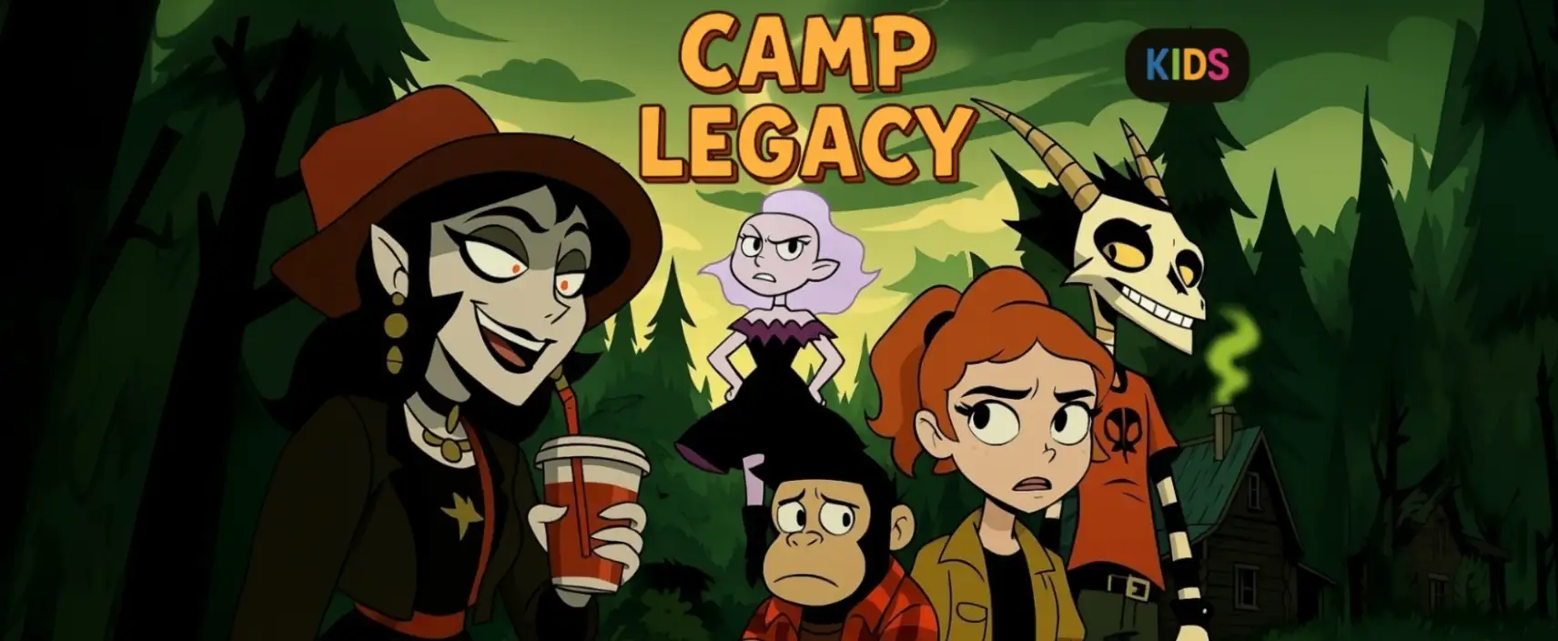 Animated poster for "Camp Legacy" featuring cartoon characters in a forest setting. A witch-like character with a hat holds a drink, alongside other mystical beings including what appears to be a small monkey-like creature and a horned demon character. The title "CAMP LEGACY" appears in large orange letters at the top, with "KIDS" in a small black bubble in the upper right corner.