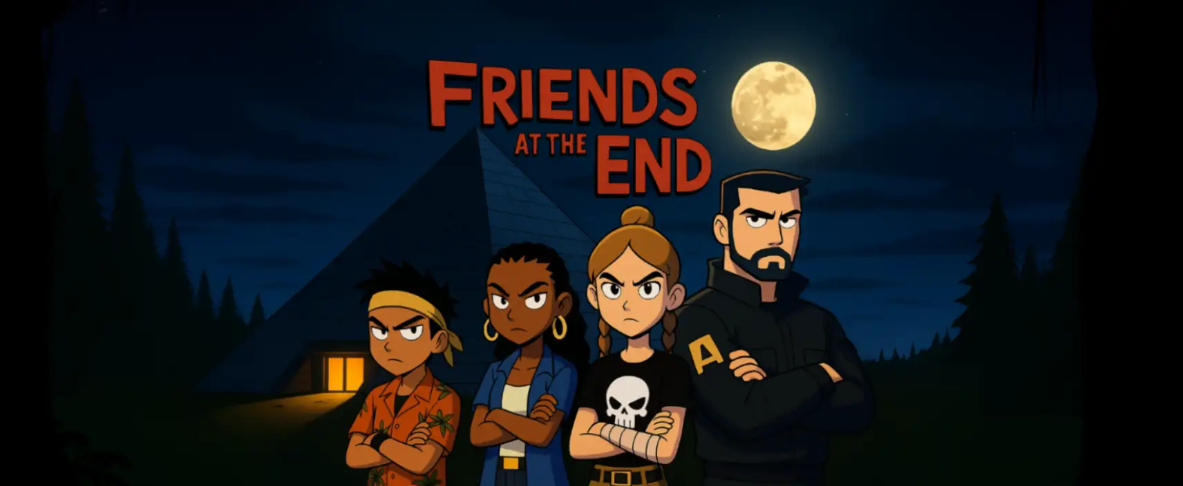 Animated poster for "Friends at the End" depicting four characters standing together at night with a full moon in the background. The group includes characters of different ages and ethnicities, with one wearing a skull t-shirt. Behind them is a camping tent and forest silhouettes. The title "FRIENDS AT THE END" appears in bold red letters at the top.