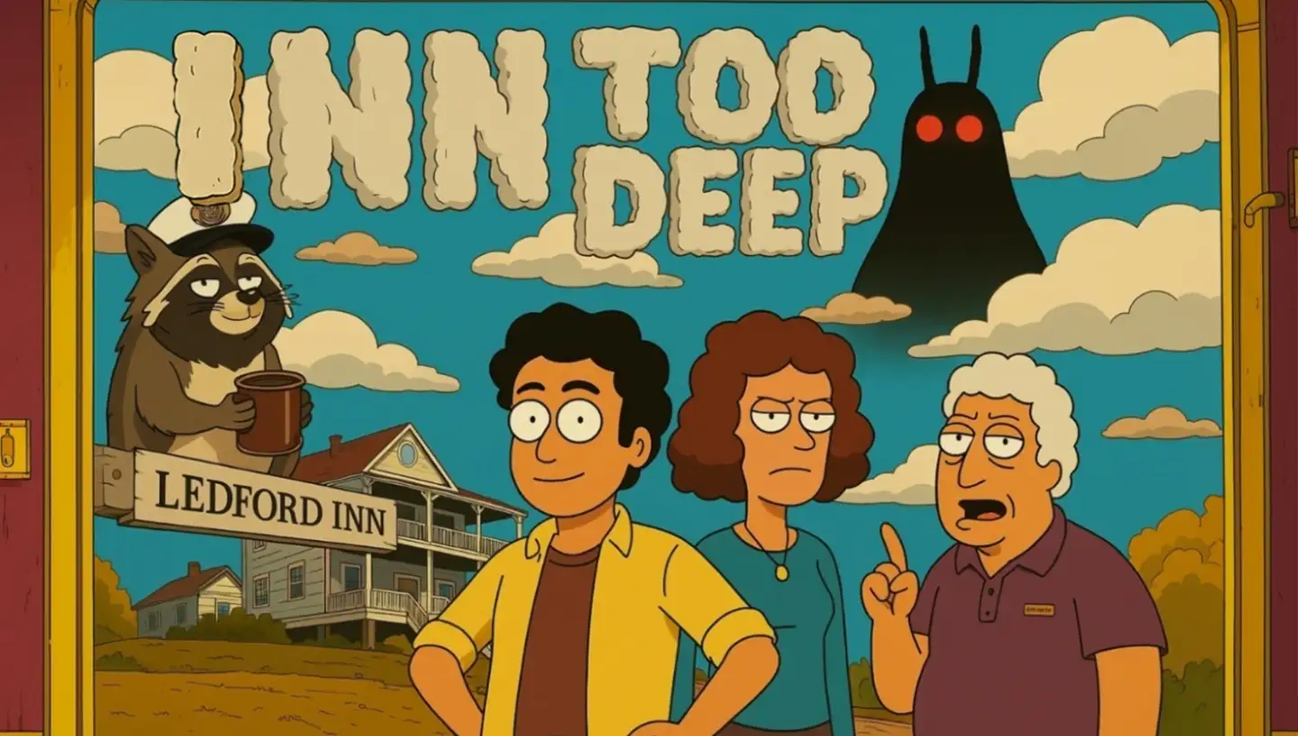 Cartoon-style poster for "Inn Too Deep" showing three main characters - a man in yellow, a woman, and an older man - standing in front of the "Ledford Inn" building. A raccoon character with a hat and mug appears in the upper left corner, and there's a mysterious dark figure with red eyes in the clouds above. The title "INN TOO DEEP" is displayed in large cream-colored letters across the top.