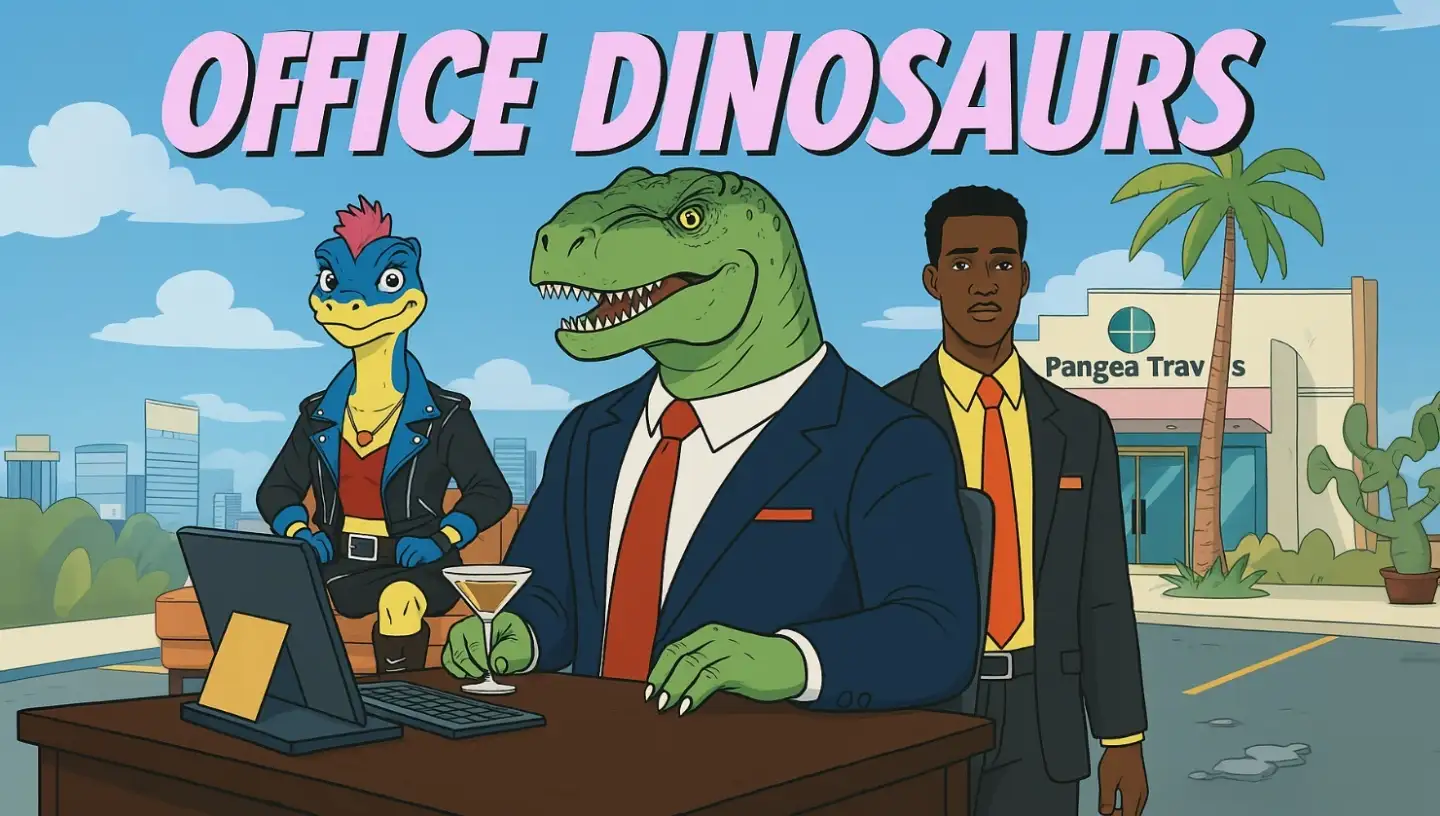 Animated poster for "Office Dinosaurs" featuring anthropomorphic dinosaur characters in business attire in an office setting. A T-Rex in a suit sits at a desk with a laptop and cocktail, while other dinosaur characters including one in a leather jacket are visible. The title "OFFICE DINOSAURS" appears in large pink letters at the top, with "Pangea Travels" visible on a building in the background.